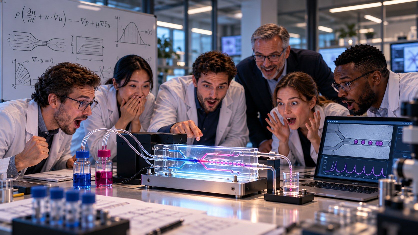 Équipe découvrant le premier essai d'un prototype microfluidique en laboratoire.