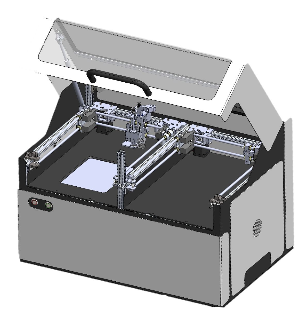 Vue CAO de la Sortivo, capot ouvert, avec ses modules internes.