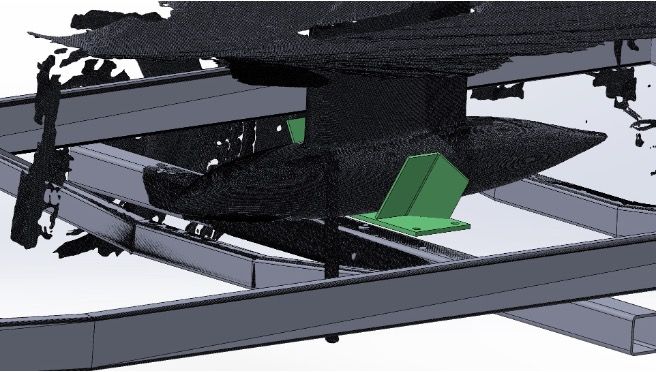 Maillage du scan 3D du bulbe sur la remorque, avec le support conçu sur mesure.